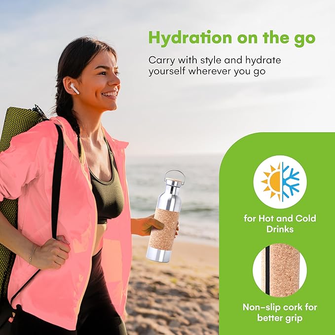 SteadyDoggie 25oz Yoga Water Bottle - Non-Slip Cork Design - Double Wall Vacuum Insulation - Leak-Proof Cap - Metal Tumbler For Hot & Cold Drinks - With THIN DETACHABLE Cork SLEEVE- 10.3 x 3 in