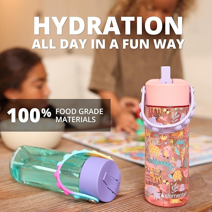 Elemental Leak Proof Water Bottles for Kids - Splash Kids Water Bottle for School with Fun Fidget Pop-it Handle - BPA Free Tritan Plastic Reusable Water Bottle with Straw - Blue Tie Dye - 18oz