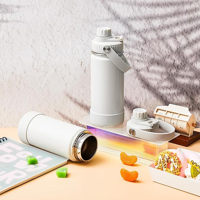 Nitial 1 Pcs Insulated Water Bottle 14 oz Stainless Steel Water Bottle with Handle and Leak Proof Spout Lid Double Wall Vacuum Reusable Sports Bottles, Almond White