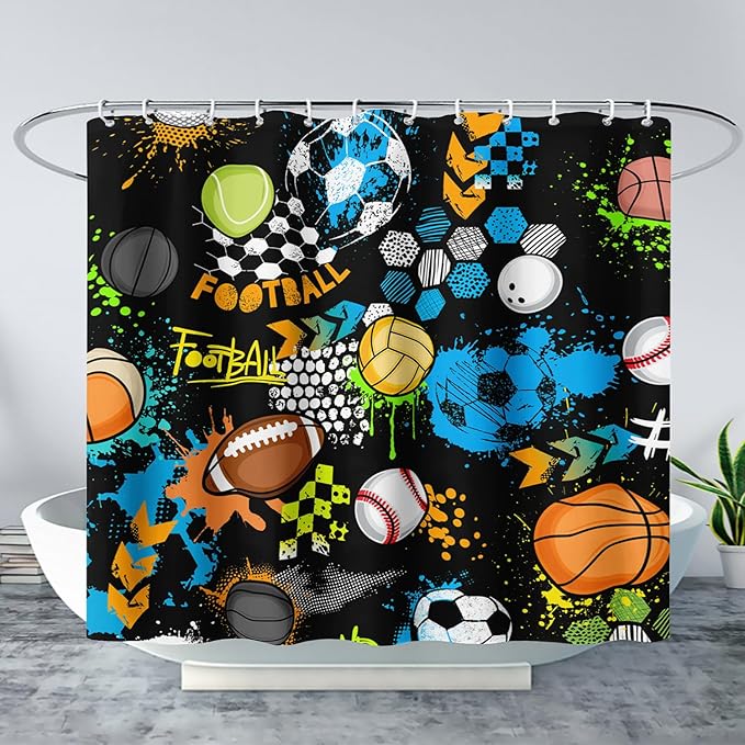 AILONEN Graffiti Sport Shower Curtain,Boys Graffiti Basketball Football Baseball Rugby Sport Bath Curtain Minimalist Bathroom Curtain 72" W*78" H Polyester Waterproof Bathroom Curtain with 12 Hooks
