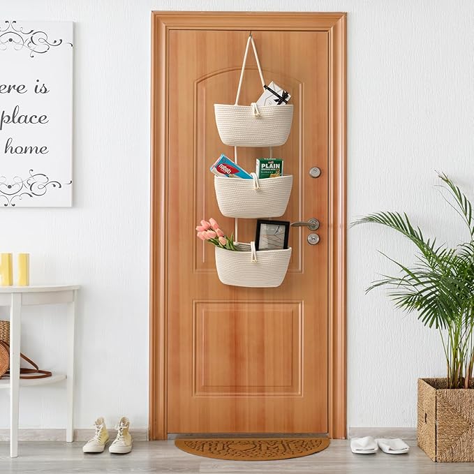 TeoKJ Over the Door Hanging Baskets with Button Strap, 3-Tier Woven Cotton Storage Organizer Bag, Wall-Mounted with Hook Decorative Hanging Kitchen Baskets - White