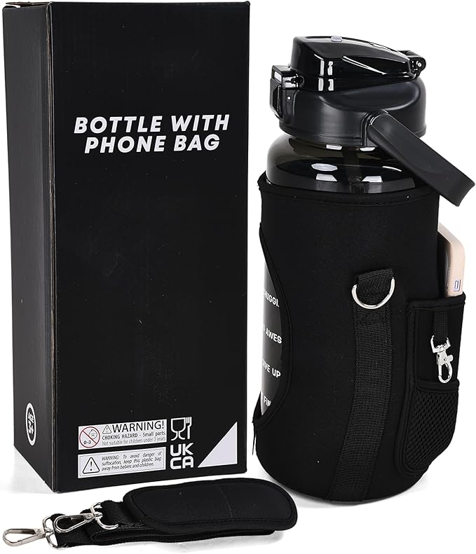 THE GYM KEG Water Bottle with Carrying Strap - Black, 74 oz Bottle Jug with Neoprene Sleeve - BPA-free - Food-Grade - Sweat & Leak Proof - Reusable Water Jug for Workouts, Jogging, Travel, Gym