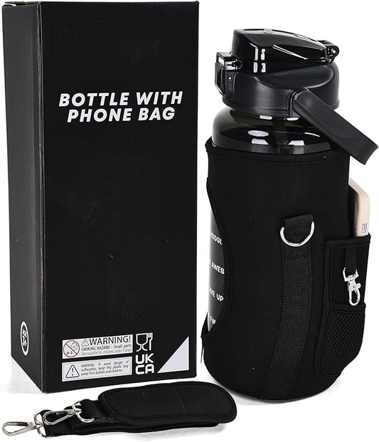 THE GYM KEG Water Bottle with Carrying Strap - Black, 74 oz Bottle Jug with Neoprene Sleeve - BPA-free - Food-Grade - Sweat & Leak Proof - Reusable Water Jug for Workouts, Jogging, Travel, Gym