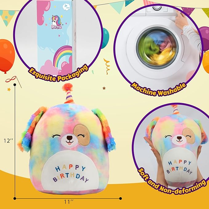 Easfan 12'' Original Rainbow Birthday Dog Plush Pillow Soft Puppy Plush Toy Cute Dog Stuffed Animal Birthday Gifts for Kids Toddlers