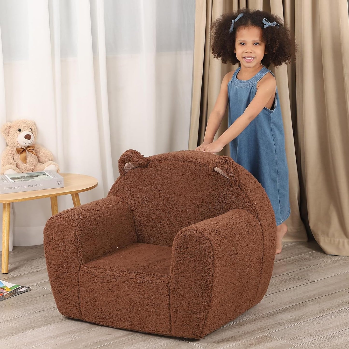 Comfy Toddler Chair, Cuddly Sherpa Teddy Bear Kids Sofa, High Back Kids Reading Chair for Boys and Girls, Brown