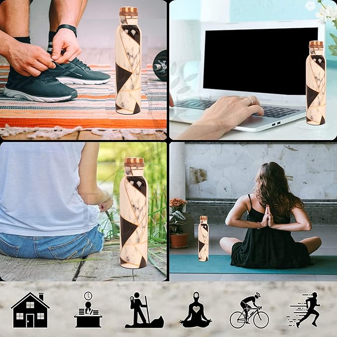 Pure Copper Water Bottle - Handcrafted - Ayurveda health benefits - Large 35 oz - Leak proof, Easy to carry for Sports, Fitness, Yoga, School- Royal Finish White Golden Black Mosaic Enamel