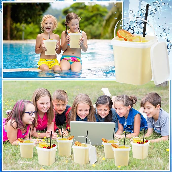 24 Pcs 33.8 oz Rum Buckets for Drinks Cocktails Plastic Square Drink Bucket with Lids and Handle 200 Pcs Motivational Sticker 20 Pcs Straw, Reusable Ice Cream Buckets for Summer Parties Snack