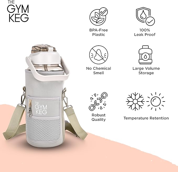 THE GYM KEG 74oz Large Water Bottle with Carrier - Water Bottles with Strap for Gym, Workout or Sports - Daily Water Jug for Men and Women - Neoprene Sleeve - Cream - 11.6x5.3 inch