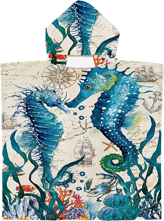 Seahorse Beach Towel with Hood for Boys Girls Premium Microfiber Kids Hooded Bath Towel Toddler Swim Pool Cover Up for 2-8 Years