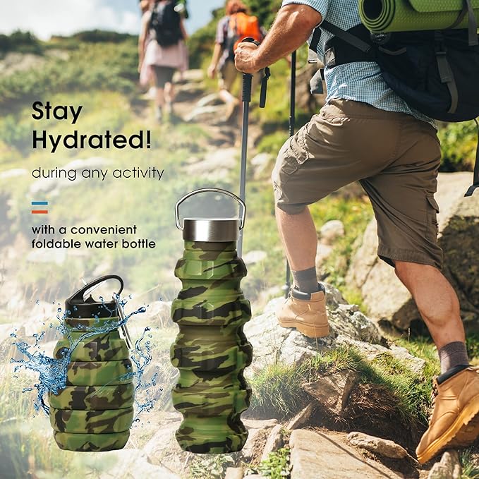 Collapsible Water Bottle 19.6oz/580ml (Woodland Camo) - 2 Lids, Carabiner, Gift Box - Leak Proof Silicone Gym Water Bottles Army - Military Veterans Day Gifts for Him - Hiking & Camping Accessories