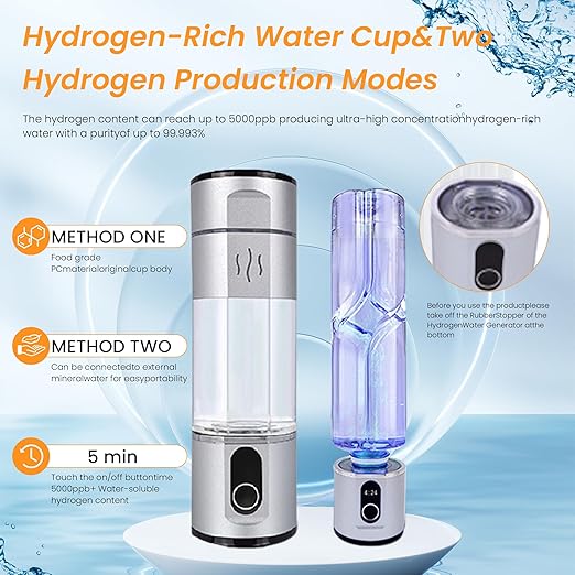 Portable Rich Hydrogen Water Machine H2 Hydrogen Water Bottle Hydrogen Rich Water Generator SPE PEM Technology Water Ionizer, zbfc2SILVER