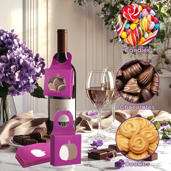 Megitzuu 30PCS Wine Bottle Box with Window, Kraft Paper Wine Boxes for Halloween Gifts Hanging Pumpkin Treat Box Mini Charcuterie Boxes Wine Bottles Gift Bags Goodies Candy Box Party Favor (Purple)