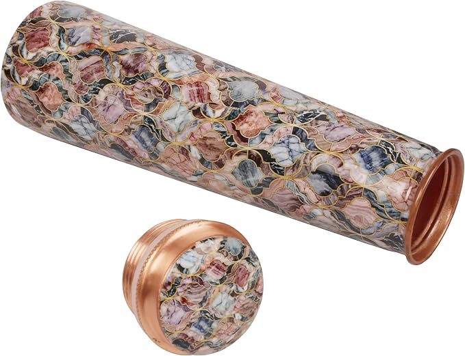 Pure Copper Water Bottle - Handcrafted - Ayurveda Health Benefits -Mosaic Colorful Printed Tower Shape 35 OZ - Leak proof - Easy to carry For Sports, Fitness, Yoga, School - Vintage Enamel.