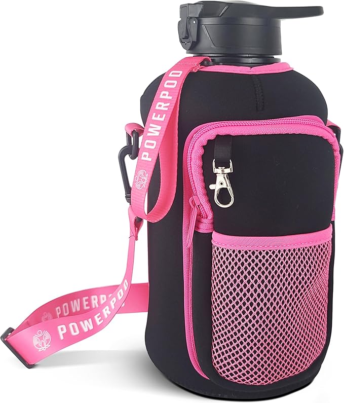 Motivational Half Gallon Water Bottle (74oz, 2.2L) Sports Water Jug + Storage Sleeve, Silicone Straw, Adjustable Carrying Strap - Reusable Water Bottle- BPA Free Water Bottle-Black and Pink