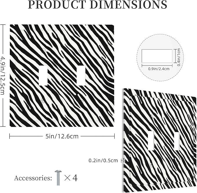 Zebra Stripes Double Toggle Light Switch Covers 2 Gang Wall Plate Dual Decorative Switchplate Electrical Faceplate for Bathroom Country Kitchen Bedroom Decor, 4.9" x 5"