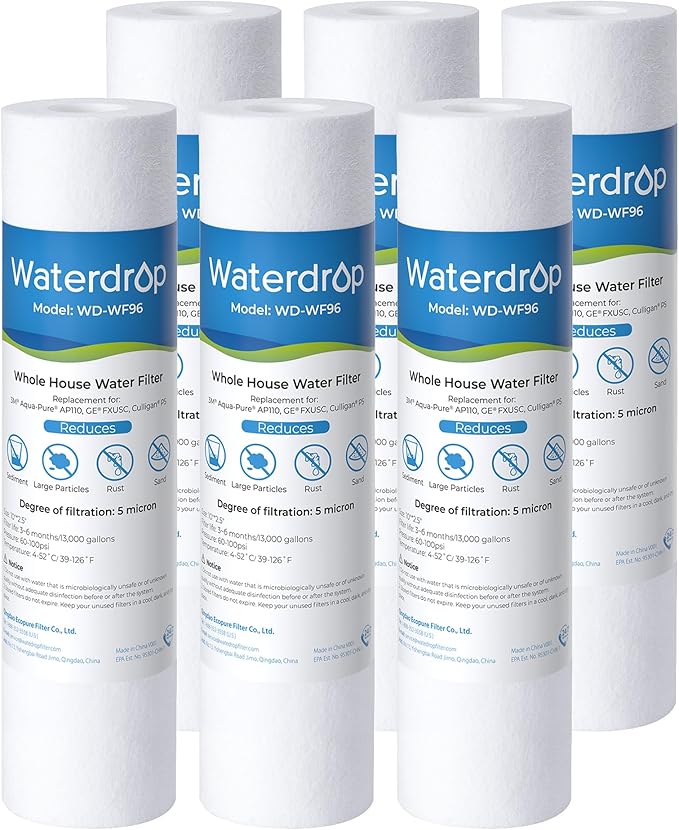 Watedrop 5 Micron Water Filter 10" x 2.5" Whole House Water Filter Replacement Cartridge, Sediment Water Filter Replacement for Any 10 inch RO Unit, Aqua-Pure® AP110, Culligan® P5, WHKF-GD05, 6 Pack