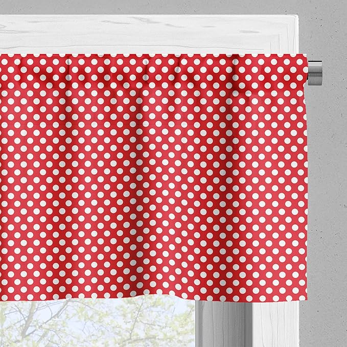 Ambesonne Retro Valance & Tier Curtain 3 pcs Set, 50s 60s Iconic Pop Art Style Big White Polka Dots Picnic Vintage Old Theme Image, Window Treatments for Kitchen Room Decor, 55" x 45", Vermilion White