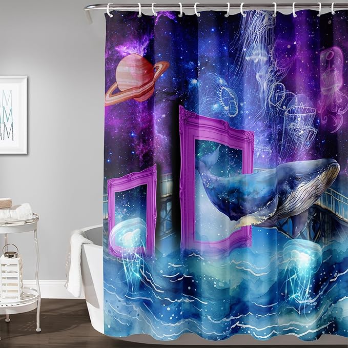 AILONEN 3D Whale Shower Curtains,Purple Galaxy Bath Curtains,Ocean Jellyfish Curtains for Kids Girls,Polyester Waterproof for Bathroom with 12 Hooks,72" W*78" H Purple
