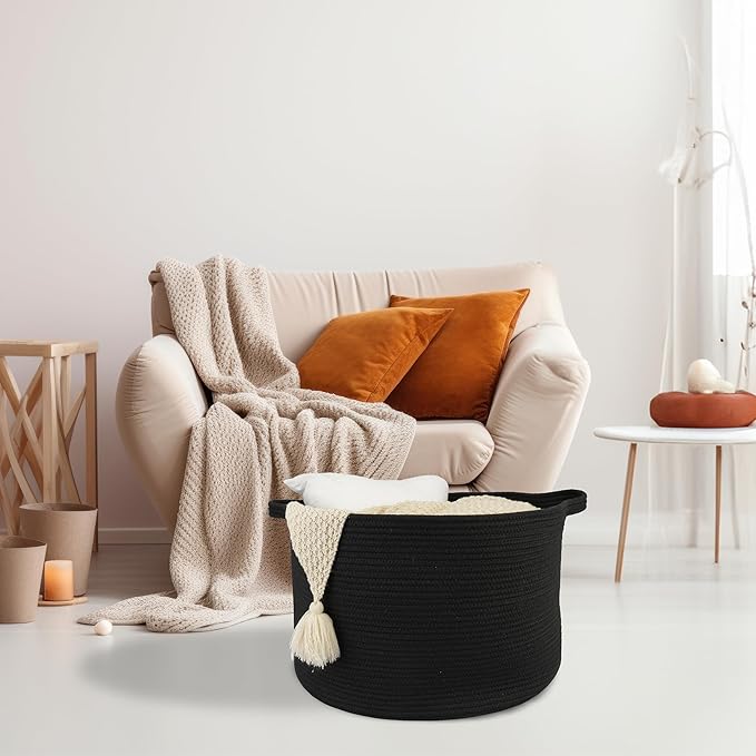 Large Cotton Rope Basket Blankets Basket Living Room 22"x14" Toy Basket for Kids and Dogs Rope Storage Basket for Nursery Woven Laundry Basket for Clothes Towels Baby Toy Storage round black