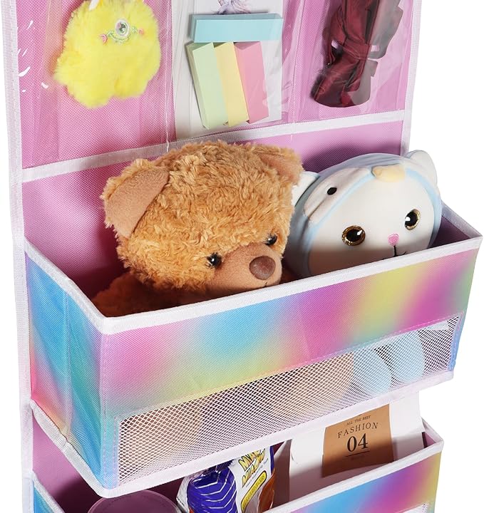 Univivi Door Storage Organizer Nursery Over the Door Organizer Baby Storage with 4 Large Pockets and 3 Small PVC Pockets for Baby Girls Room Toys and Sundries Organization