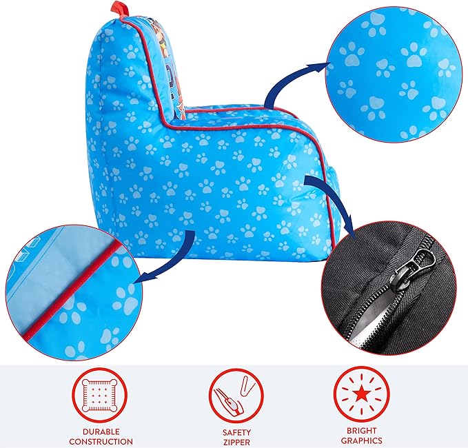 Idea Nuova Paw Patrol Kids Nylon Bean Bag Chair with Piping & Top Carry Handle Large