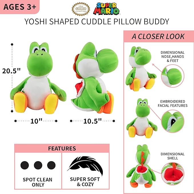 Franco Kids Bedding Super Soft Plush Cuddle Pillow Buddy, One Size, Mario Yoshi