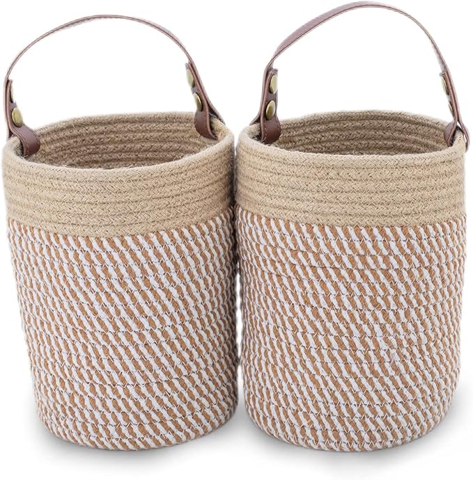 Hanging Basket(2Piece) Wall Woven Cotton Rope Storage Basket with Leather Decorative Baskets Organizer for Kitchen Office Bedroom,Plants,Towels, Toys Khaki