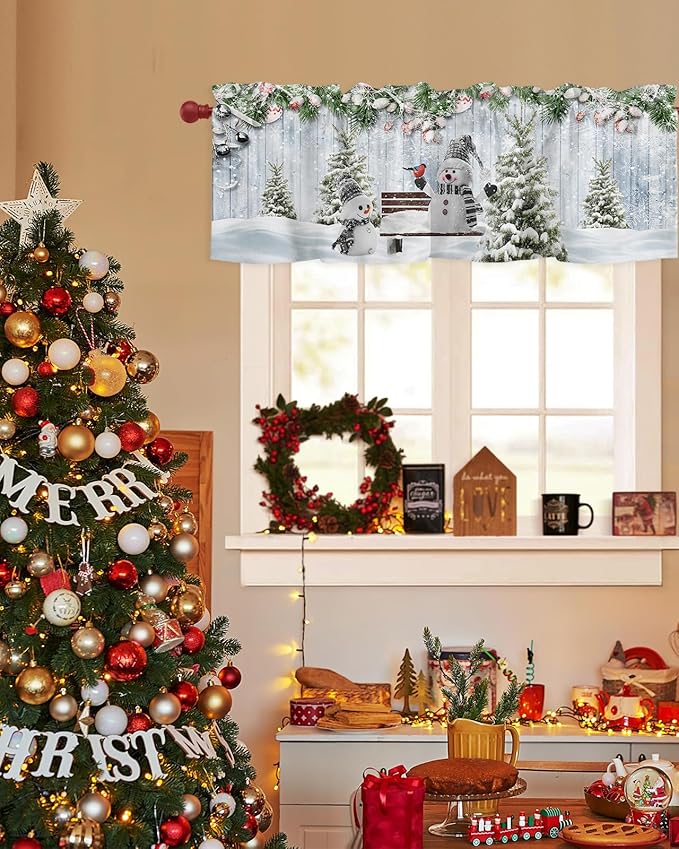 Merry Christmas Valance Curtains for Kitchen Windows Xmas Snowman Snowy Pine Tree Rod Pocket Window Treatment Toppers for Kitchen/Living Room/Bedroom/Bathroom, 54" X 18", Blue Winter