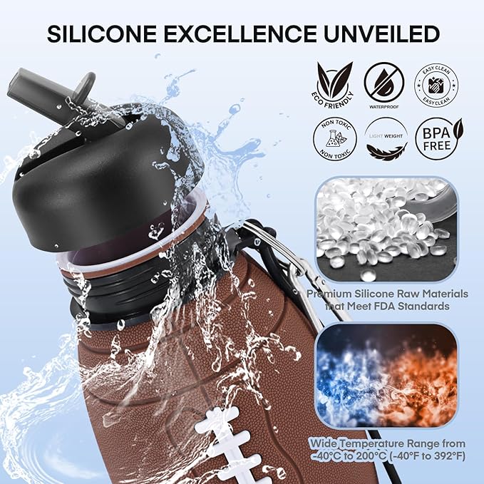 Kids Sports Collapsible Water Bottle | Ball Shaped Drinking Cup | Foldable BPA Free Leakproof Lightweight Silicon Jug | School Lunch Mug Team Gift Travel (American Football 600ml/20.3oz)