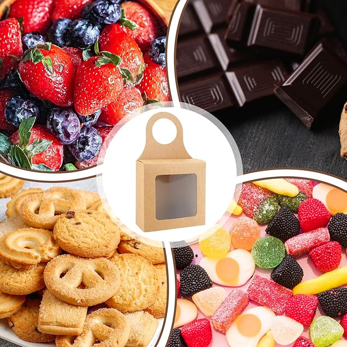 Sibba 20Count Kraft Paper Wine Bottle Box with Window Handles Hanging Foldable Gift Wine Sets Folding Kraft Bags for Kitchen Christmas Dining Engagement