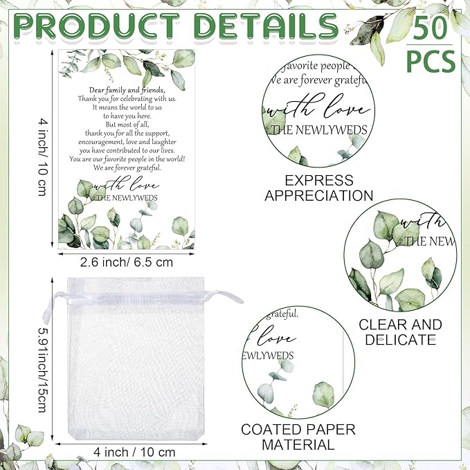 Barydat 50 Sets Wedding Favors for Guests Bulk Engraved Wood Wine Bottle Corks Wine Stopper with Wedding Thank You Cards and Organza Bags Wedding Appreciation Gifts for Guest Thank You Gifts (Bright)