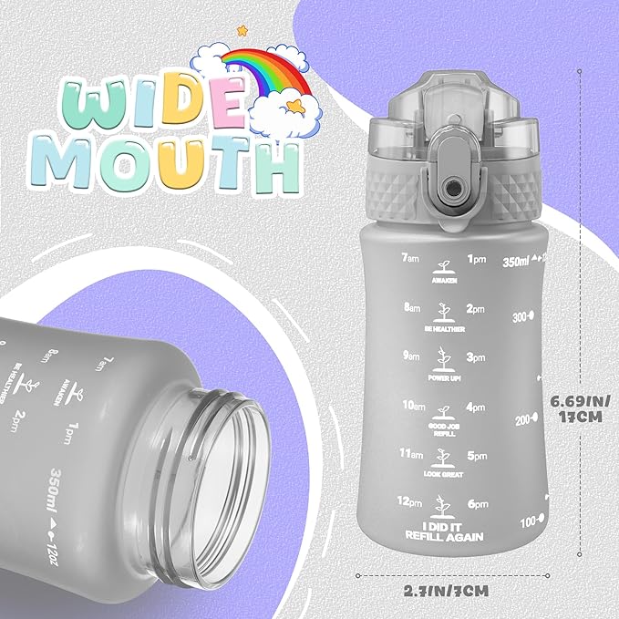 OLDLEY Kids Water Bottle for School, 12 oz (2 lids) BPA-Free Reusable Leak-proof Durable Tritan Plastic Water Bottles with Straw & Chug Lids, Anti-dust Spout Cover (Grey)