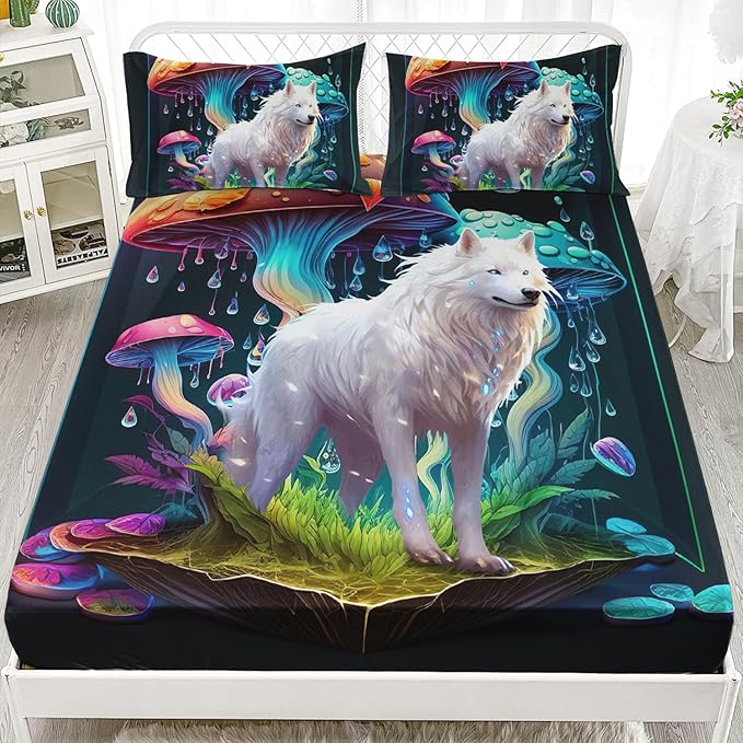 AILONEN White Wolf Fitted Sheet Set Queen Size, Cartoon Mushroom and Cute Wolf Bed Sheet Set,3 Pieces Rain Mushroom Fitted Sheet with 2 Pillowcases for Boys Girls