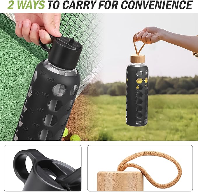 MUKOKO Glass Water Bottles, 24oz Glass Tumbler, Drinking Bottles with 2 Lids-Handle Flip Straw Lid&Bamboo Lid, Motivational Water Bottle with Time Marker and Silicone Sleeve, Leakproof-1 Pack-Black