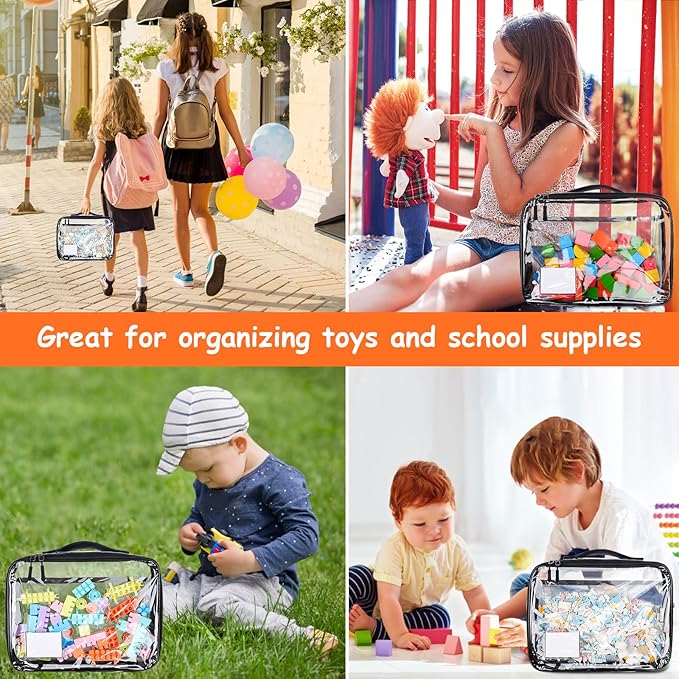 4 Pack Toy Storage Organizer Bag for Lego Bricks, Clear PVC Zippered Block Set with Manual Pocket& Name Tag, Waterproof Toy Carrying Case for Board Games, Building Blocks& Puzzles (Large Black)