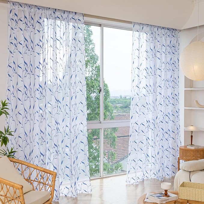 Windows Sheer Curtains Embroider Blue Leaf 84 Inches Length 2 Panels Voile Light Filtering Sheer Curtains Panel Basic Rod Pocket for Bedroom Living Room Children Room