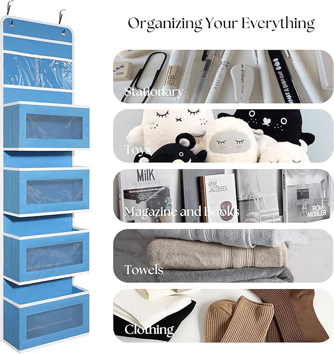 Heavy Duty Over Door Organizer, Wall Mount Hanging Organizer Storage with 4 Large Capacity Pockets, Closet Bathroom Nursery Bedroom Dorm, Toys Cosmetics Sundries and Baby Essentials, Blue