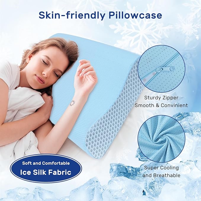 Neck Pillow Memory Foam pillows - Cooling Neck Support Pillow for Pain Relief, Ergonomic Cervical Pillow for Sleeping, Orthopedic Contour Bed Pillow for Side Back Stomach Sleepers-Blue
