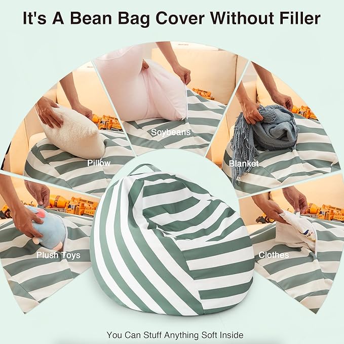 EXQ Home Kids Bean Bag Chairs Cover -Stuffed Animal Bean Bag Storage Green and White Stripes-Zipper Bean Bag for Organizing Children Plush Toys Holiday Gift for Girl,Boys