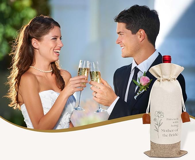 Mother Of The Bride Wine Bag, Cotton Linen Wine Gift Bag With Drawstring, Wine Champagne Bottle Gift Bag for Mother of The Bride, Bride's Mother, Mother-in-law, Wedding, Engegement Party Favors-4