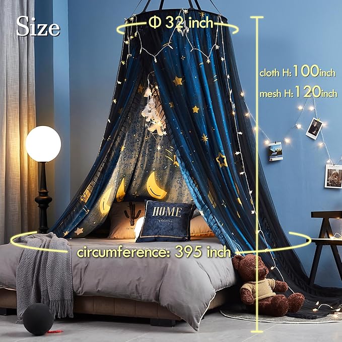 Kertnic Gorgeous Star Printed Bed Canopy for Girls & Adults, Room Decorative Cozy Bed Curtain Canopy Drapes, Round Dome Luxurious Lace Princess Canopies Mosquito Netting (Star)