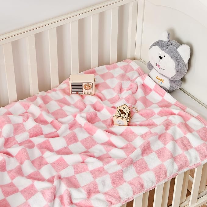 Checkered Baby Blanket for Girls Pink Fleece Baby Blankets for Girls Boys, Warmer Comfort Lightweight Bed Blanket for Toddlers Infants or Newborn, 30''x40'', Pink
