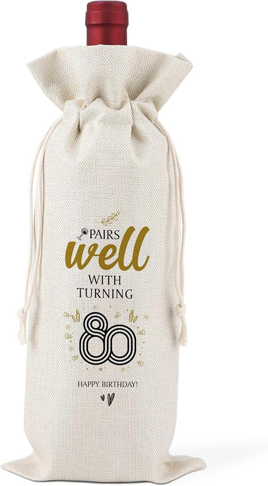 TCJIU 80th Birthday Wine Bag,Pairs Well With Turning 80 Happy Birthday,80th Gift Birthday Planning Gift,80th Gift Birthday Party,Birthday Decorations Wine Bag,Reusable Wine Bags With Drawstring,L17
