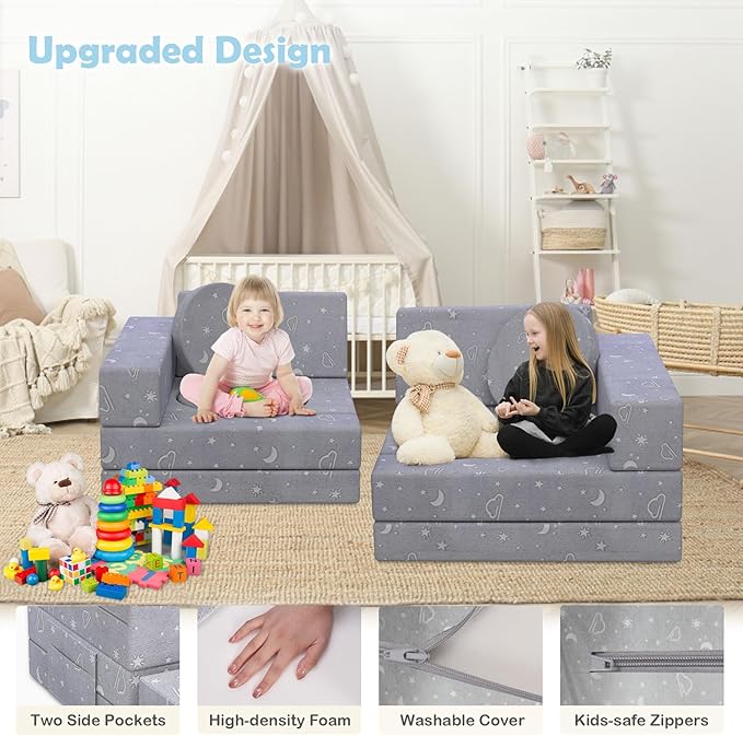 Kids Couch, 12PCS Modular Kids Play Couch with Blanket, Kids Sofa Couch with Glow Effects for Playroom & Indoor, Convertible Toddler Couch for Girls and Boys