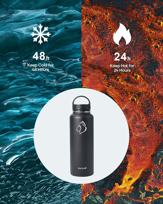 BUZIO Water Bottle with Straw lid, Spout Lid, Hand Lid and Carrying Pouch, 32oz 40oz 64oz Stainless Steel Water Flask Jug, Cold for 48 Hrs Hot for 24 Hrs Double Vacuum Thermo Canteen Mug, BPA-Free
