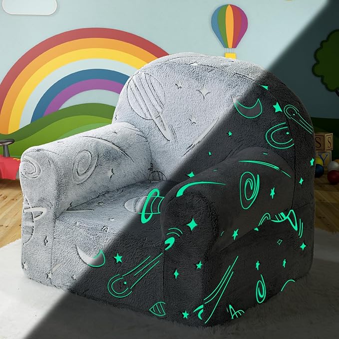 Toddler Chair Sherpa Couch Sherpa Kids Chair, Cuddly Comfy Toddler Plush Chair Toddler Couch Reading Chair for Kids Glow in The Dark Starry Sky Grey