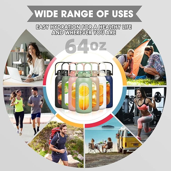 Glass Water Bottles 64 oz - Half Gallon Water Bottle with Straw Phone Holder Handle Time Marker and Silicone Sleeve, Large Motivational Water Jug with Carrier Bag for Daily Intake Gym Black