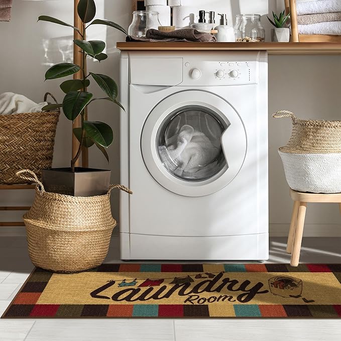 Ottomanson Laundry Collection Non-Slip Rubberback Checkered Border Design 2x5 Laundry Room Runner Rug, 20" x 59", Multicolor