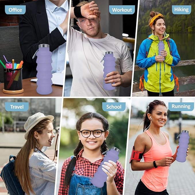 Collapsible Water Bottles 17oz, Odorless BPA-Free Silicone, Leak-Proof Foldable Reusable Bottle - Perfect for Travel Sports Gym Hiking Camping Cycling - Lavender