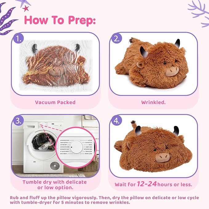 Cute Cow Plush Pillow, Kawaii Plushies Highland Cow Stuffed Toys, Squishy Plushies, Cuddle Plush Pillow for Boys & Girls